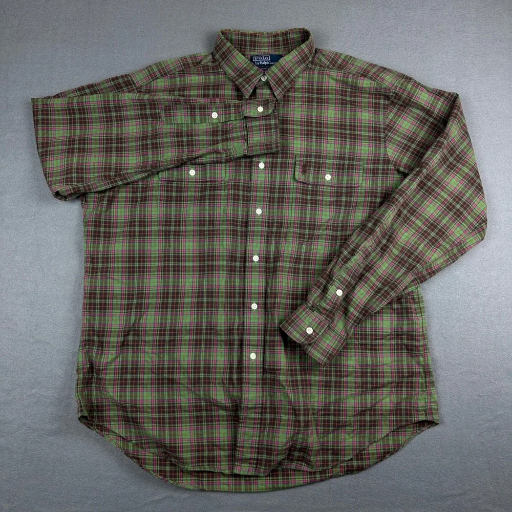Polo Ralph Lauren Whitfield Classic Fit Green Purple Plaid Cotton Shirt Mens XL